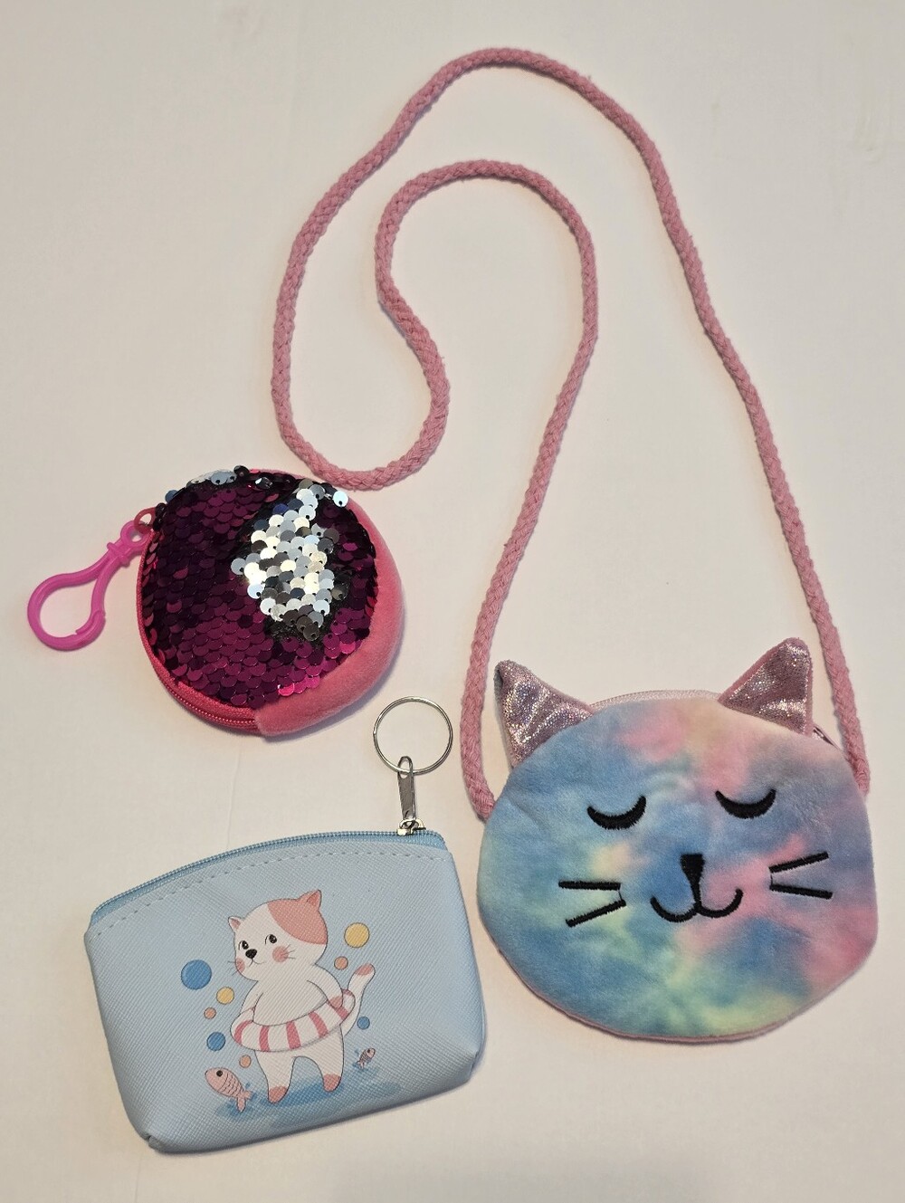 Set of 3 Plush Tie Dye Cat Crossbody Bag Sequin Coin Purse Swimming Cat Pouch